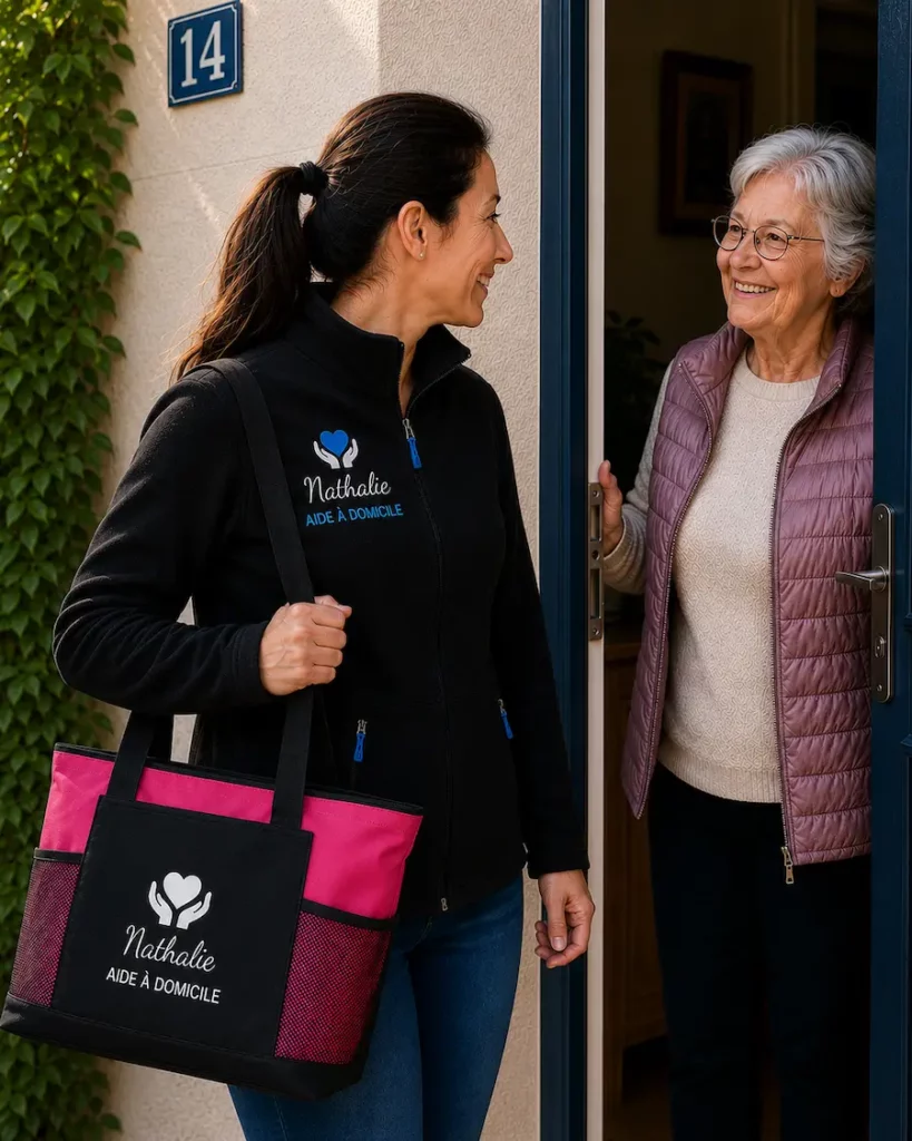 Aide à domicile professionnelle portant une polaire noire personnalisée bleu et blanc avec sac fuchsia lors d’une visite à domicile auprès d’une personne âgée.