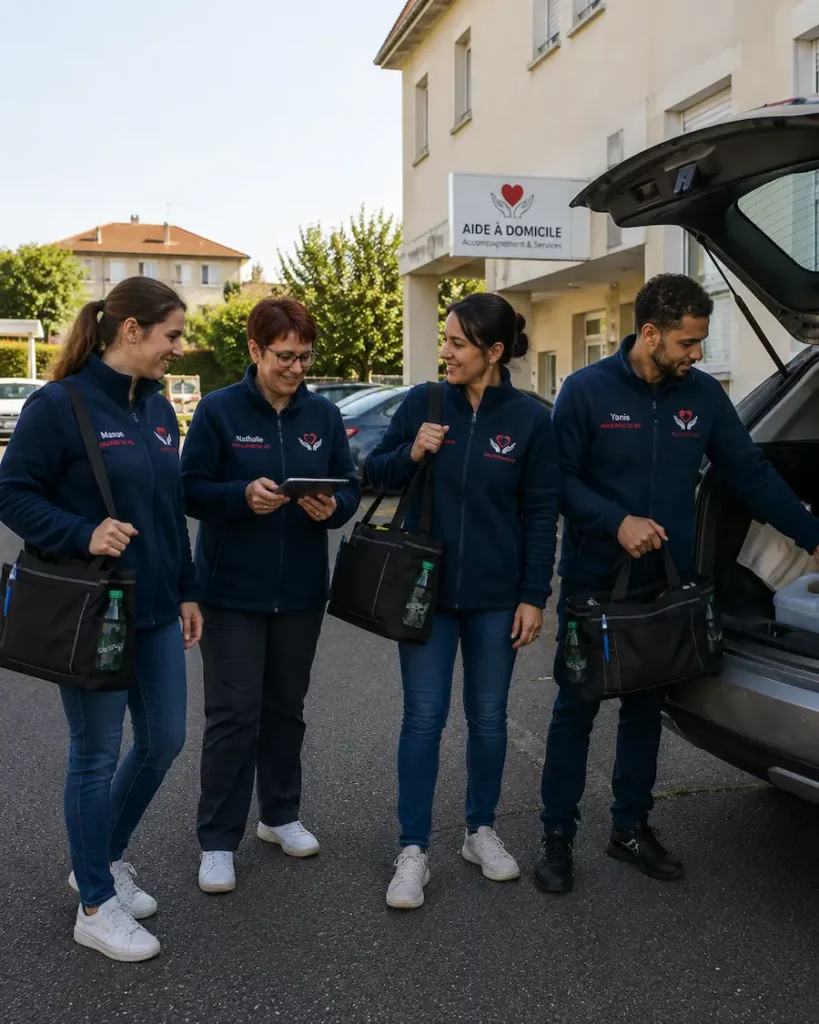 Équipe d’aides à domicile en préparation de tournée avec sacs professionnels noirs personnalisés devant une structure d’aide à domicile