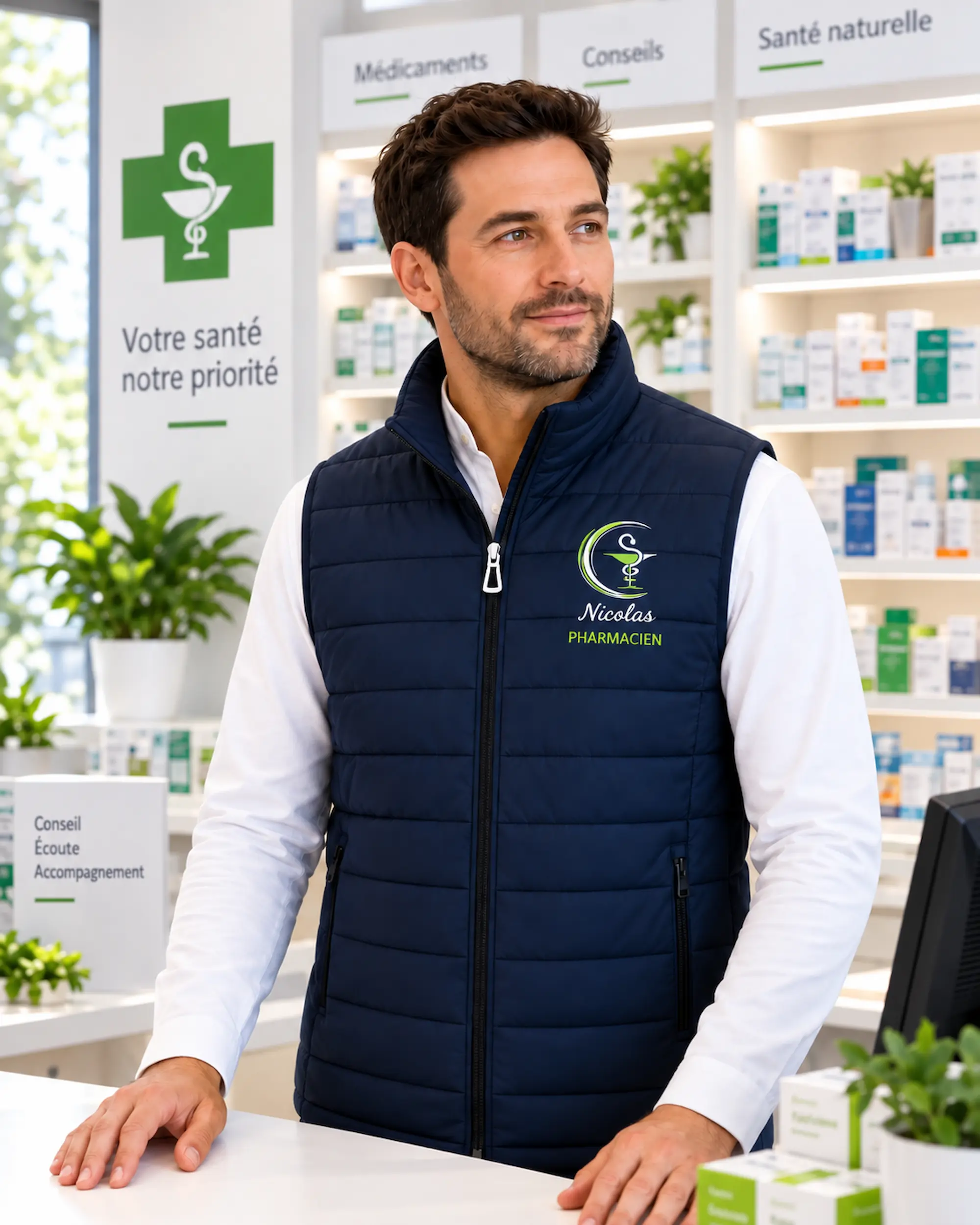 Doudoune homme personnalisée Nicolas pharmacien en pharmacie – Curalini