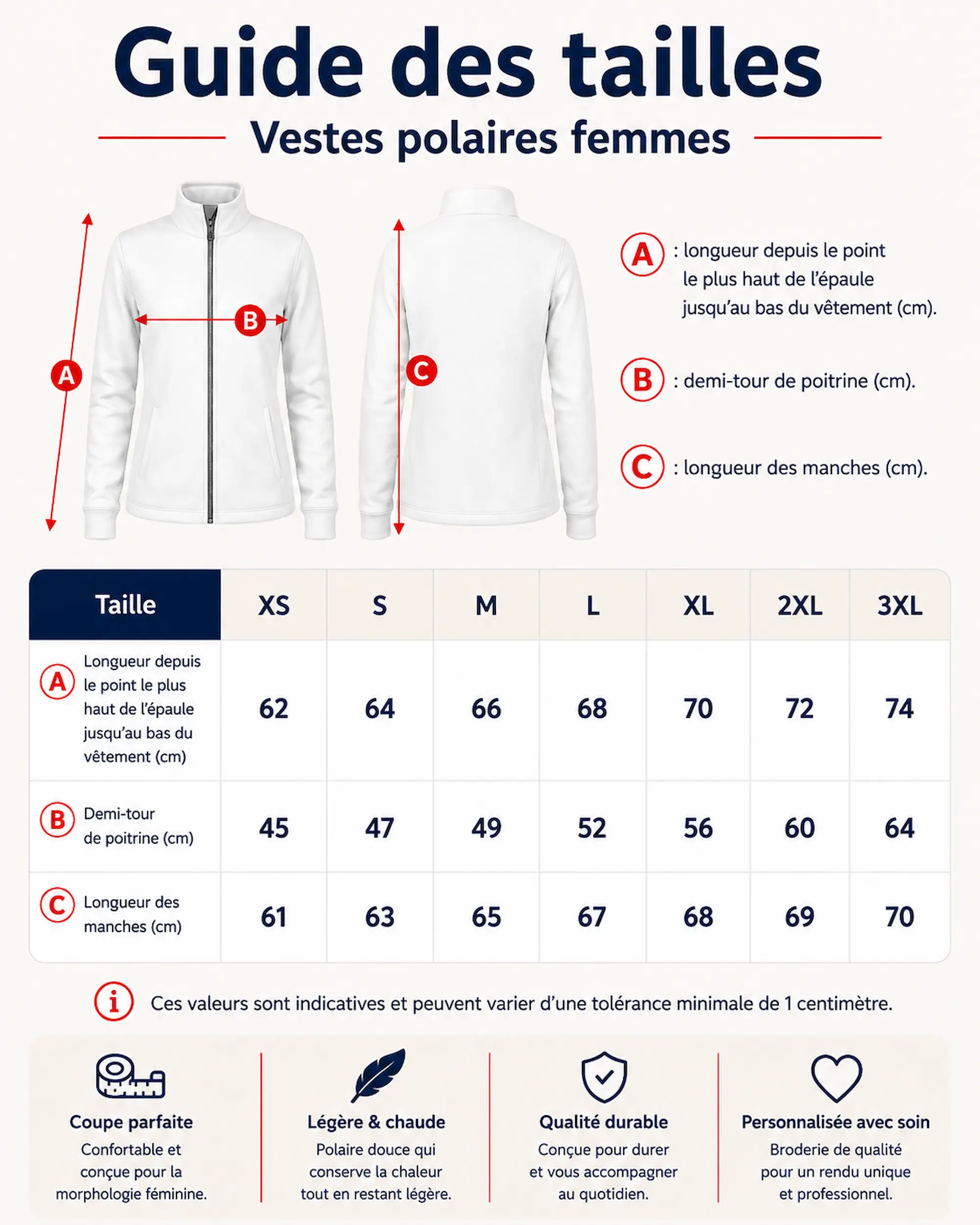 Guide des tailles sweat femme personnalisé du XS au 3XL