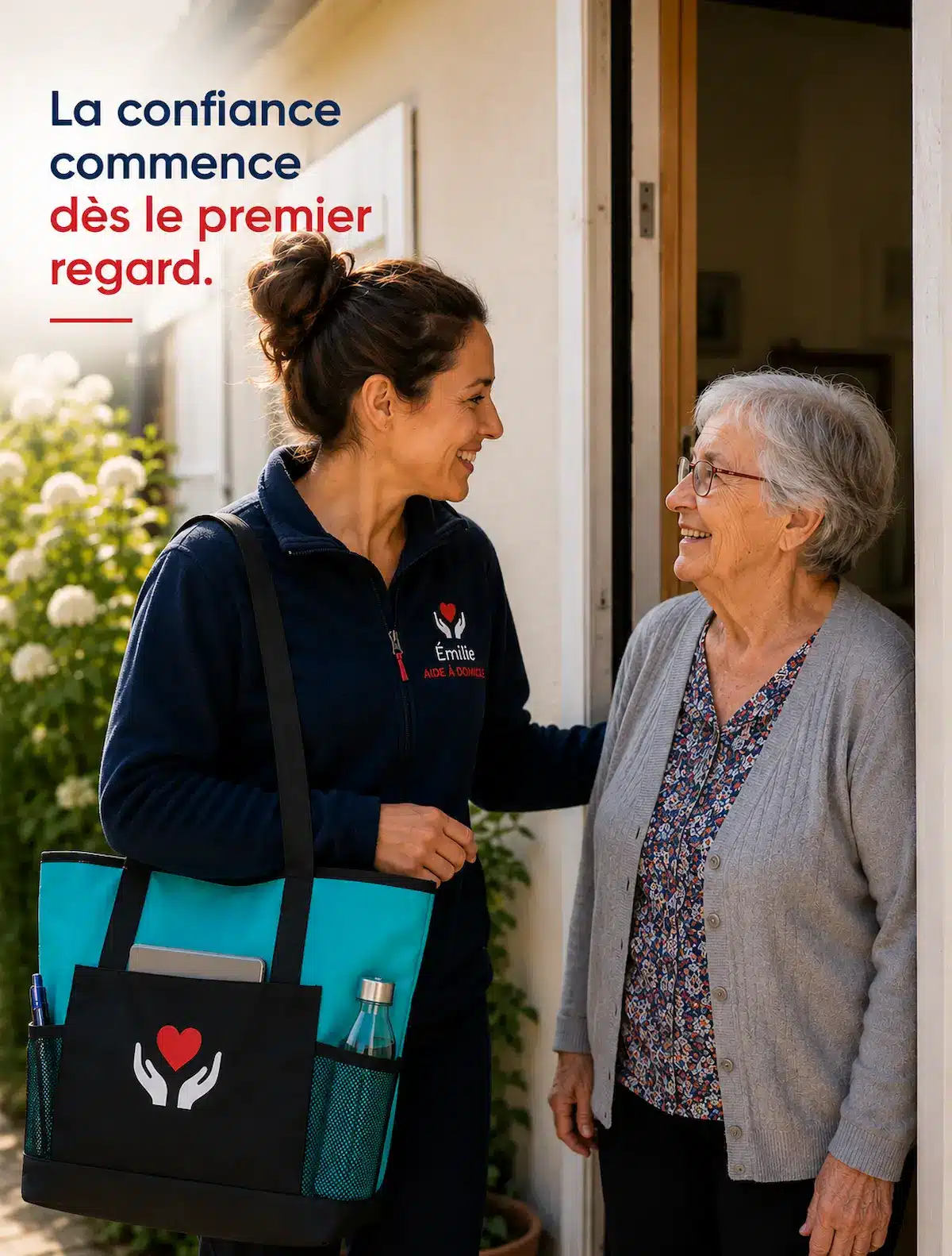 Aide à domicile accueillie chaleureusement par une personne âgée devant une maison avec tenue professionnelle personnalisée