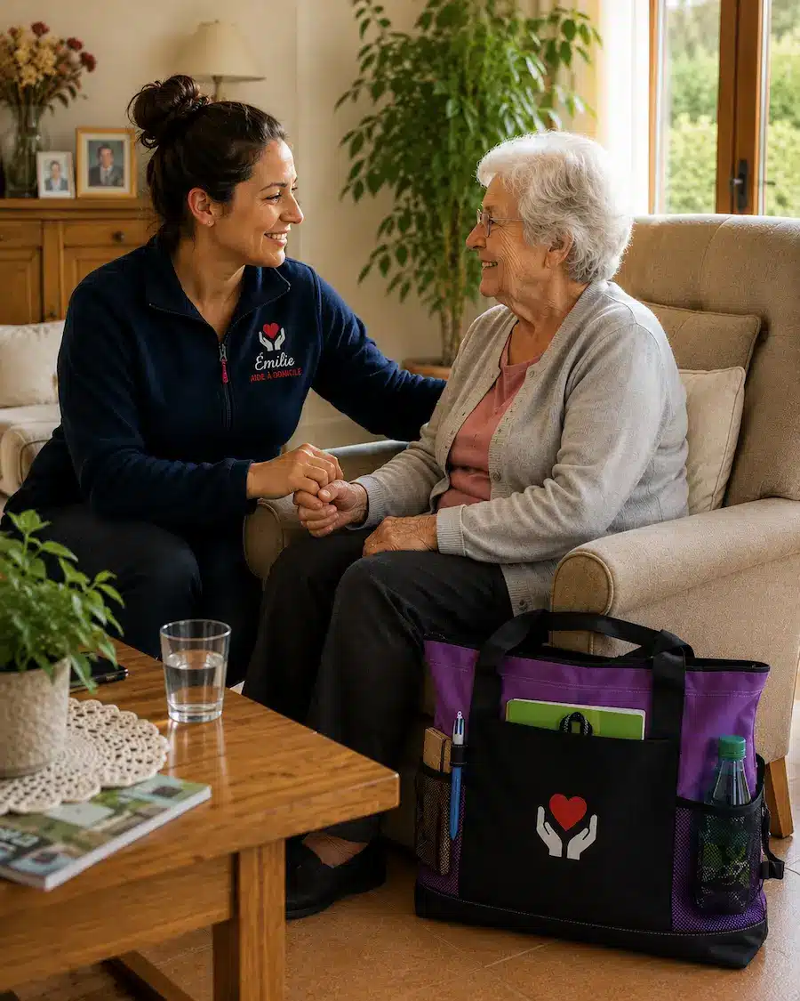 Aide à domicile échangeant avec une personne âgée dans un salon chaleureux avec sac professionnel violet personnalisé