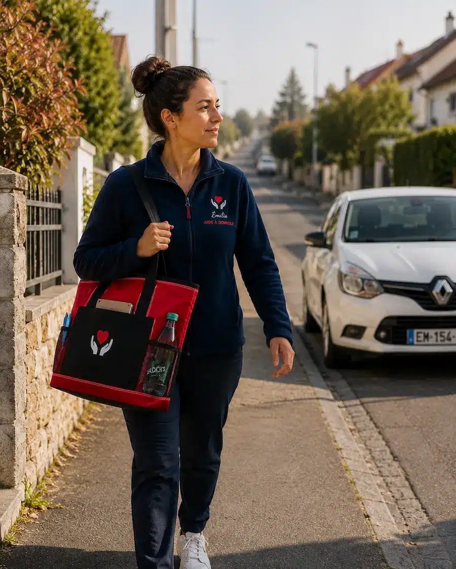Aide à domicile en tournée avec sac professionnel rouge personnalisé dans une rue résidentielle française