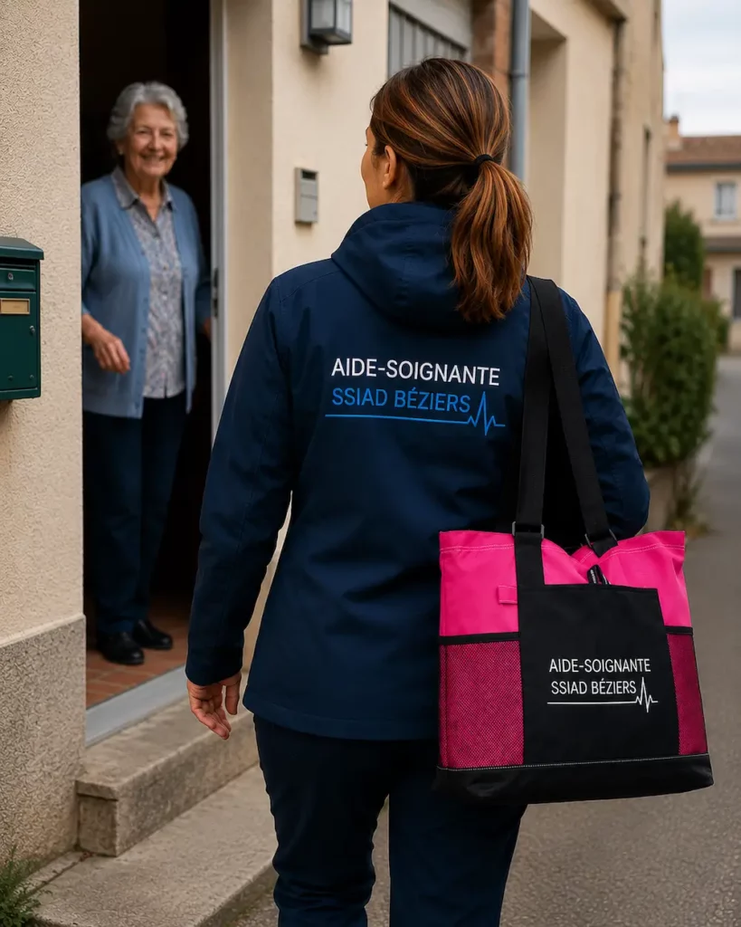 Aide-soignante portant une softshell et un sac personnalisés SSIAD Béziers lors d’une visite à domicile