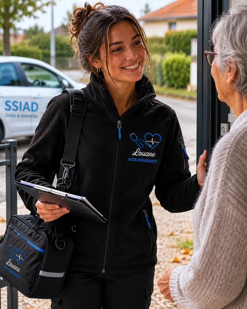 Aide-soignante SSIAD portant une softshell noire brodée Curalini Louane avec sac professionnel personnalisé lors d’une tournée à domicile