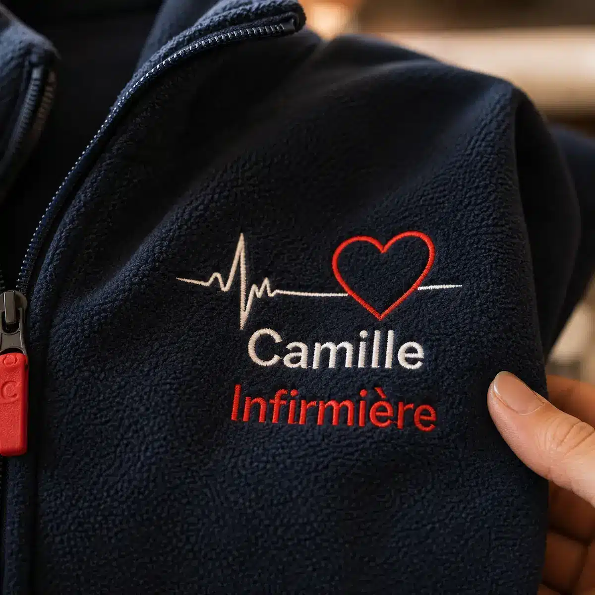Gros plan sur une broderie ECG rouge et blanche réalisée sur une polaire infirmière personnalisée bleu marine premium.