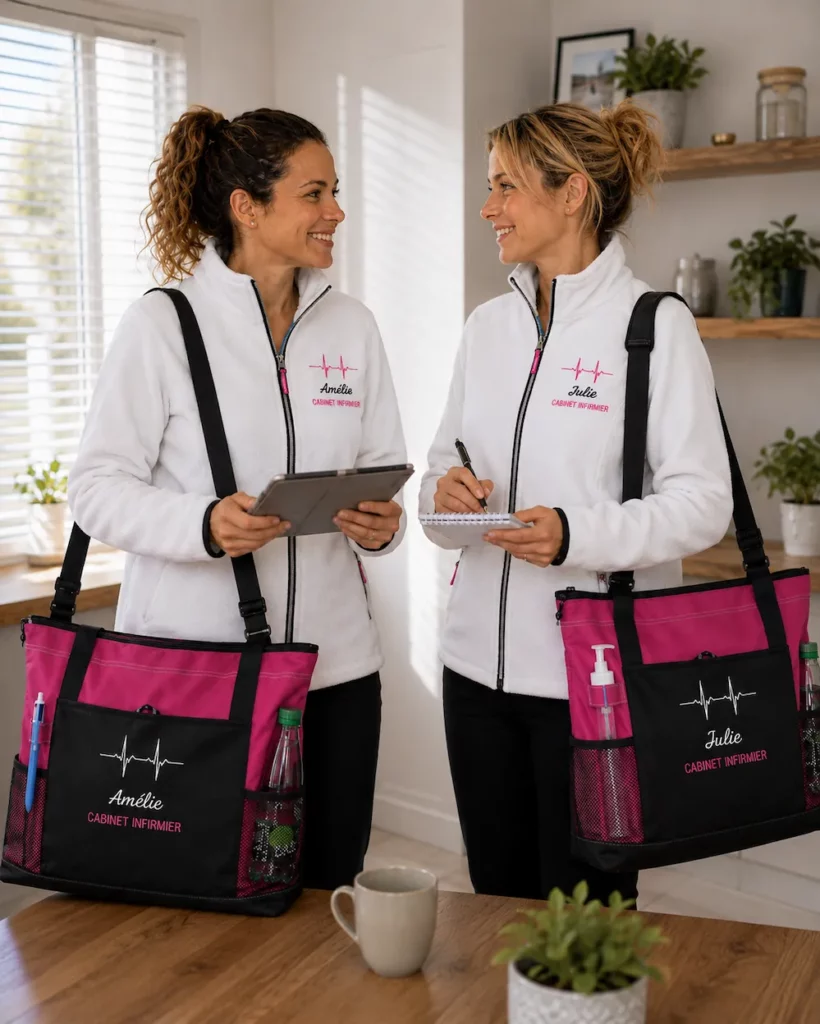 Infirmières libérales portant des polaires blanches personnalisées avec sacs professionnels fuchsia