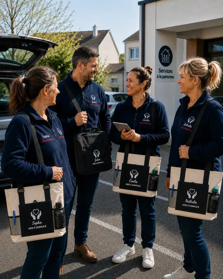 Équipe d’aides à domicile avec sacs professionnels écrus personnalisés avant une tournée