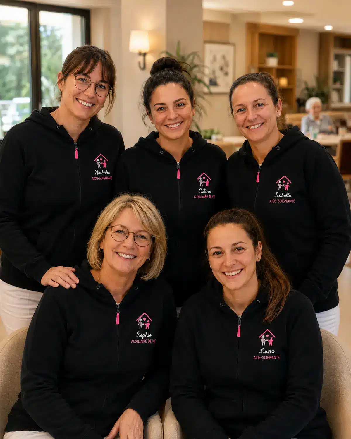Équipe EHPAD portant des sweats noirs personnalisés avec broderie rose et blanche