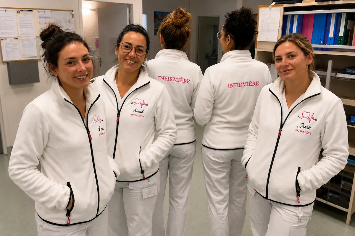 Équipe d’infirmières portant des polaires blanches personnalisées avec prénom brodé