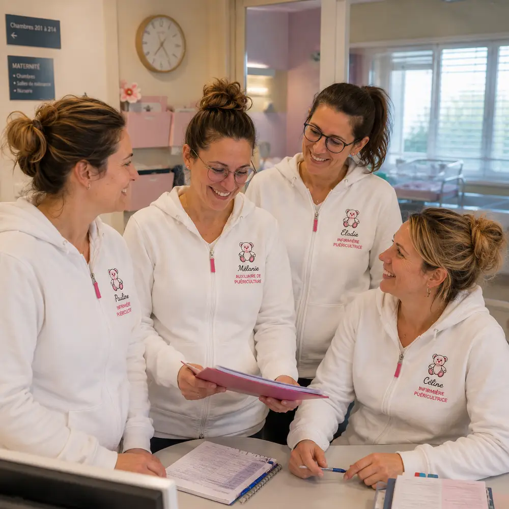 Équipe de professionnelles de maternité à Sélestat portant des sweats zippés blancs personnalisés avec broderie ours en peluche rose et noir