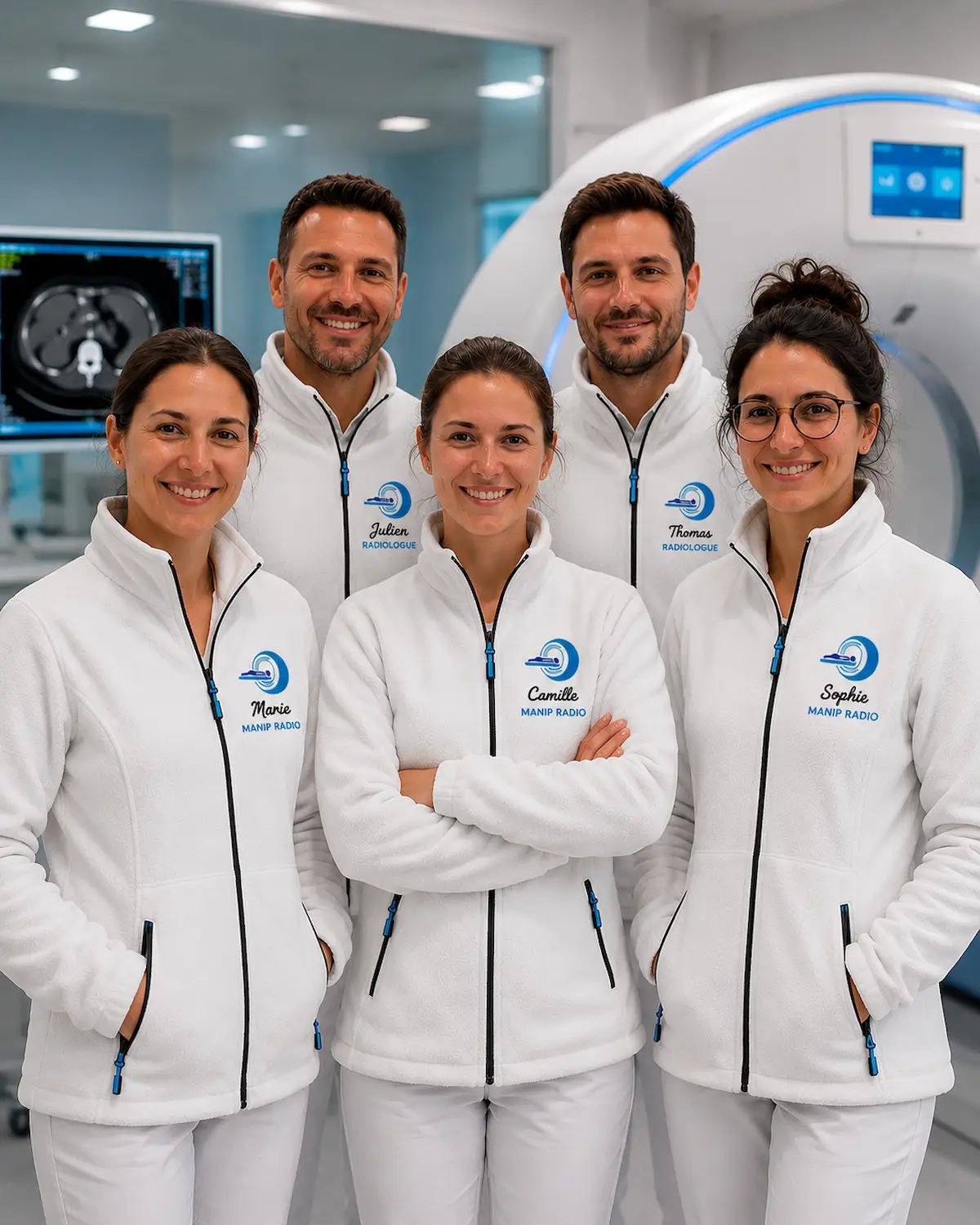 Équipe de radiologie portant des polaires blanches personnalisées brodées avec prénom et fonction en clinique moderne.