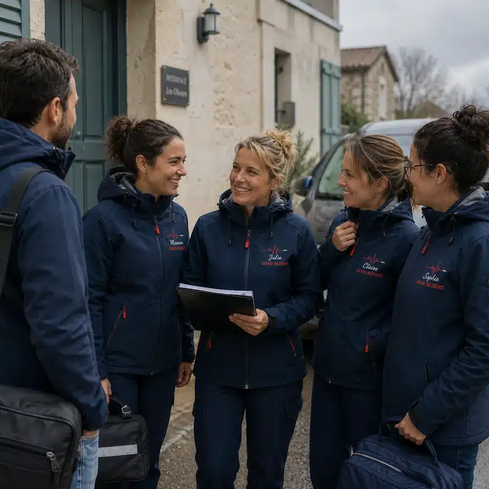 Équipe de soignants SSIAD à Béziers portant des vestes softshell bleu marine personnalisées avec broderie ECG rouge et blanche