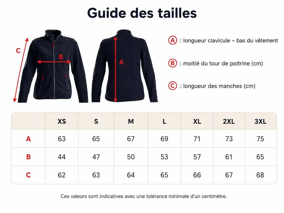 Guide des tailles polaire femme personnalisée avec mesures XS à 3XL
