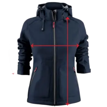 Guide des tailles softshell femme Curalini avec mesures longueur poitrine manches
