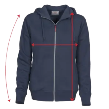 Guide des tailles sweat femme Curalini avec mesures longueur poitrine manches