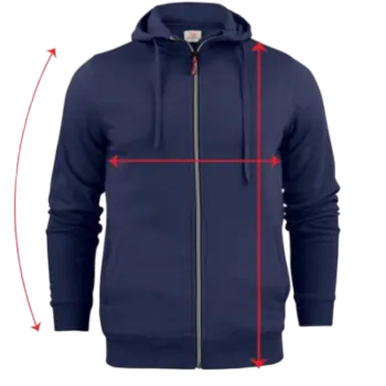 Guide des tailles sweat homme Curalini avec mesures longueur poitrine manches