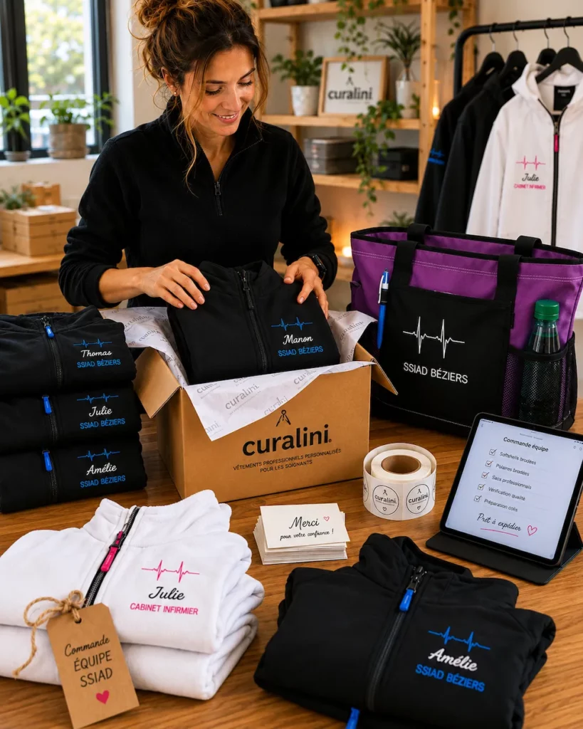 Préparation d’une commande groupée de vêtements personnalisés SSIAD avec softshells brodées, polaires professionnelles et sacs infirmiers premium