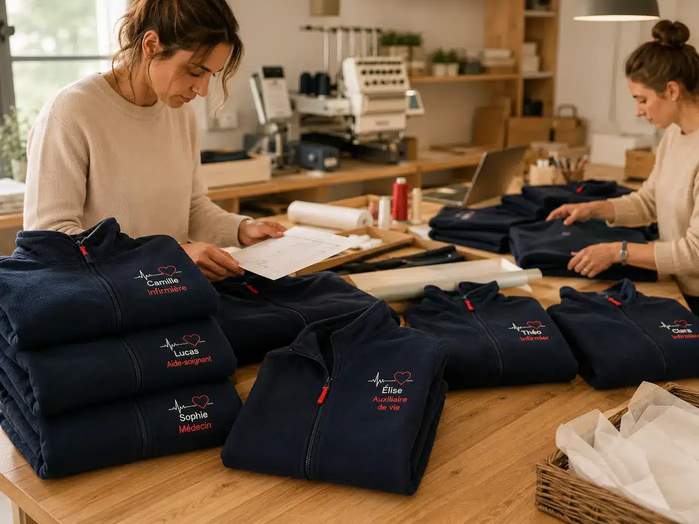 Préparation artisanale de polaires personnalisées bleu marine pour une équipe soignante avec broderie prénom et fonction.