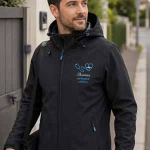 Softshell homme infirmier libéral personnalisé noir broderie bleue Curalini pour visite à domicile