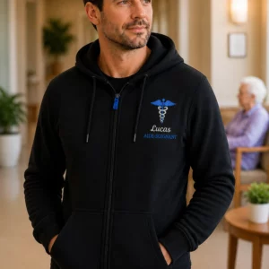Sweat homme aide-soignant personnalisé noir broderie bleue Curalini en EHPAD