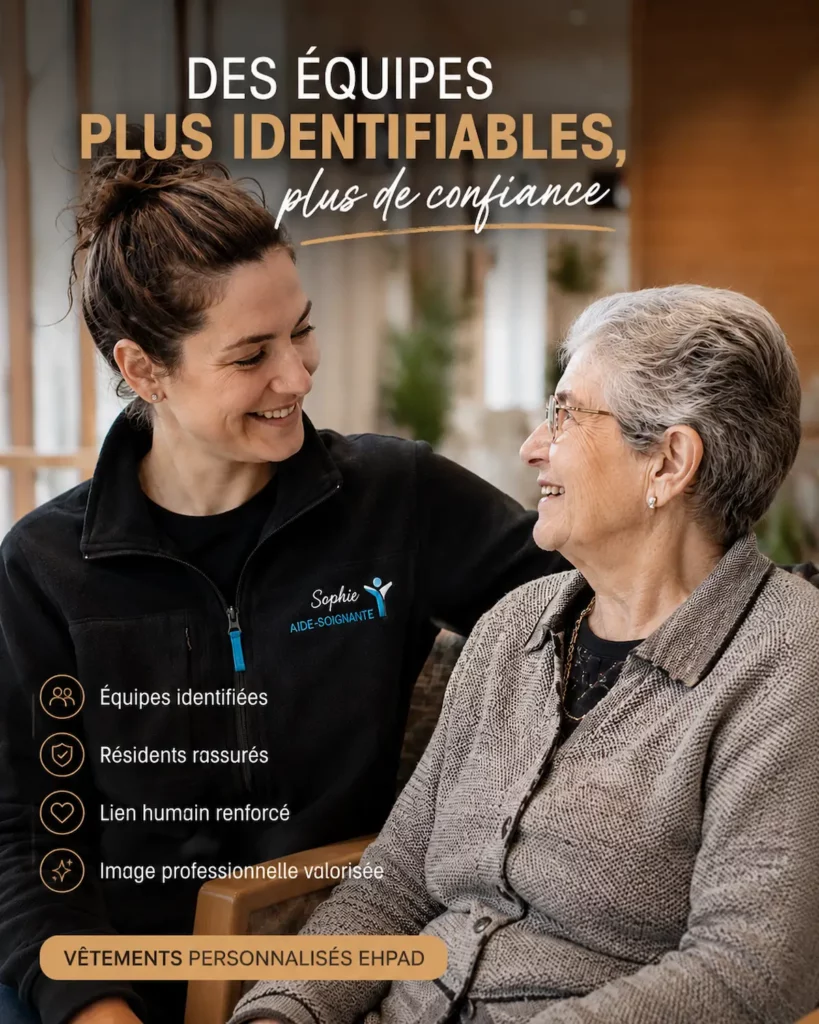 Aide-soignante en EHPAD portant une polaire personnalisée Curalini accompagnant une résidente senior dans un espace de vie chaleureux.