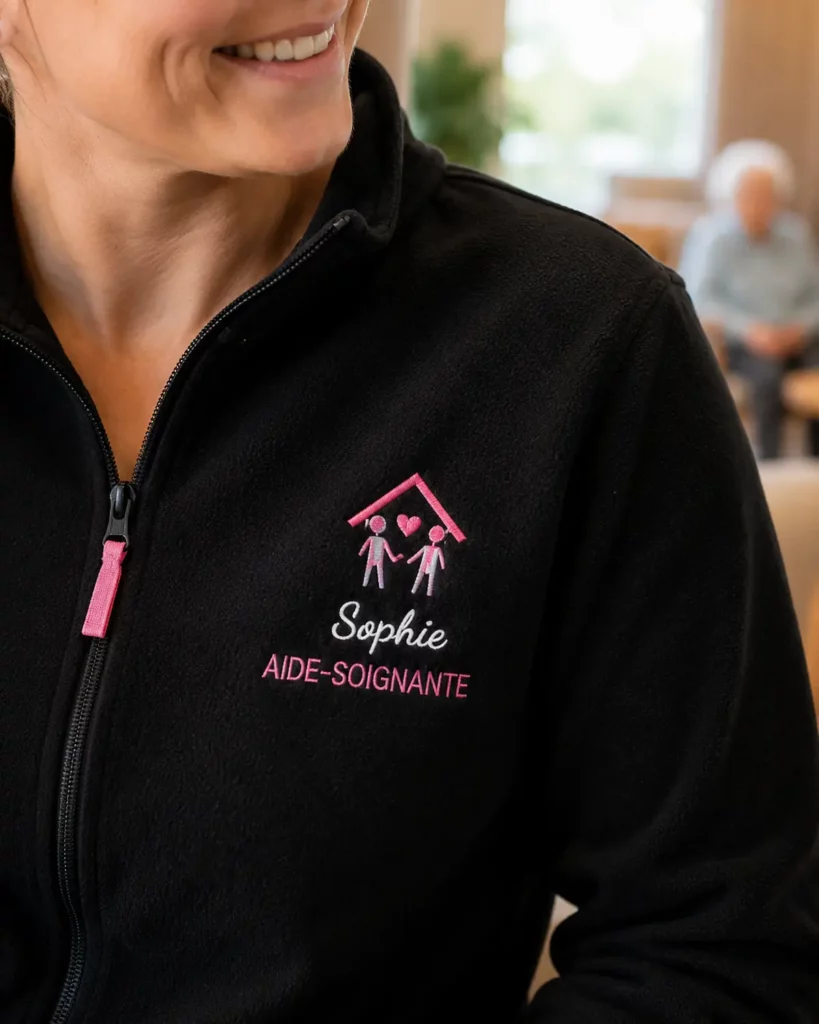 Gros plan sur une broderie personnalisée prénom et fonction sur une polaire professionnelle d’aide-soignante en EHPAD.