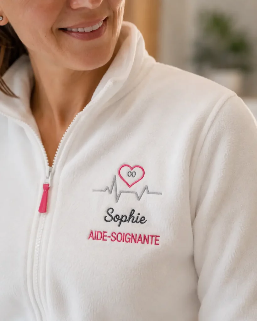 Gros plan sur une broderie personnalisée avec prénom, fonction et logo ECG cœur sur une polaire professionnelle.
