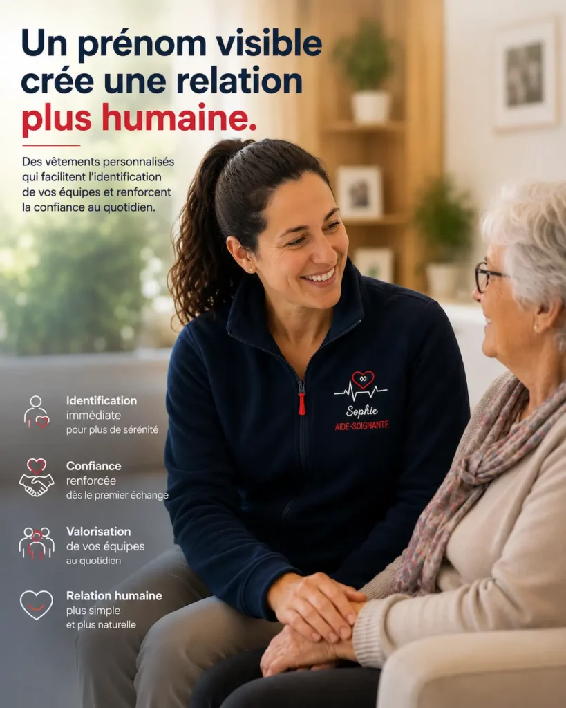 Aide-soignante portant une polaire personnalisée échangeant avec une personne âgée dans un environnement chaleureux.