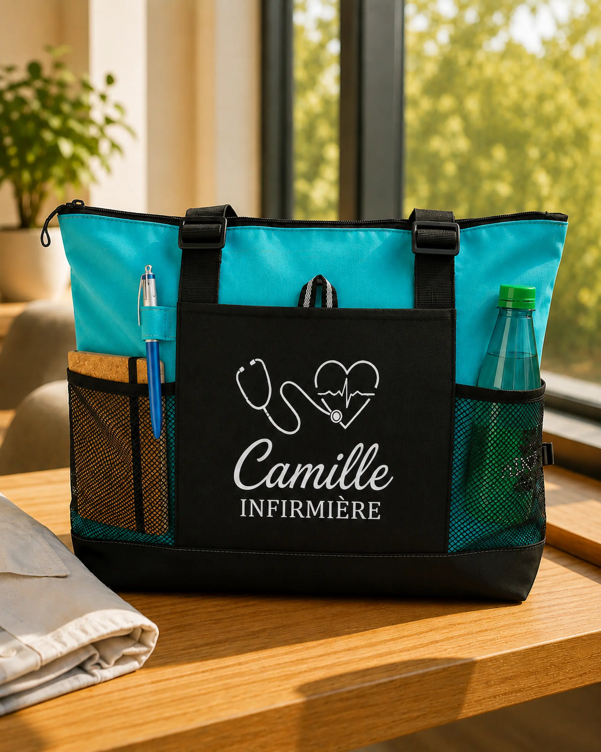 Camille infirmière organisant ses affaires dans son sac personnalisé Curalini