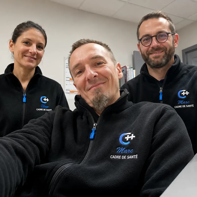 Marc, cadre de santé, avec son équipe en vestes polaires personnalisées Curalini