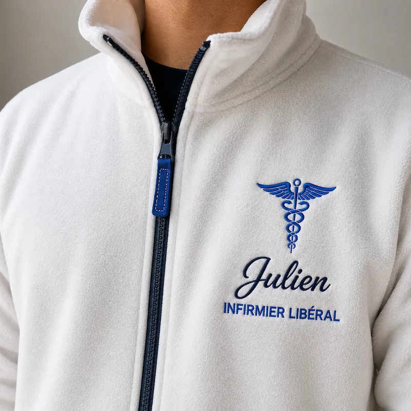 Julien, infirmier libéral, portant une veste polaire personnalisée Curalini