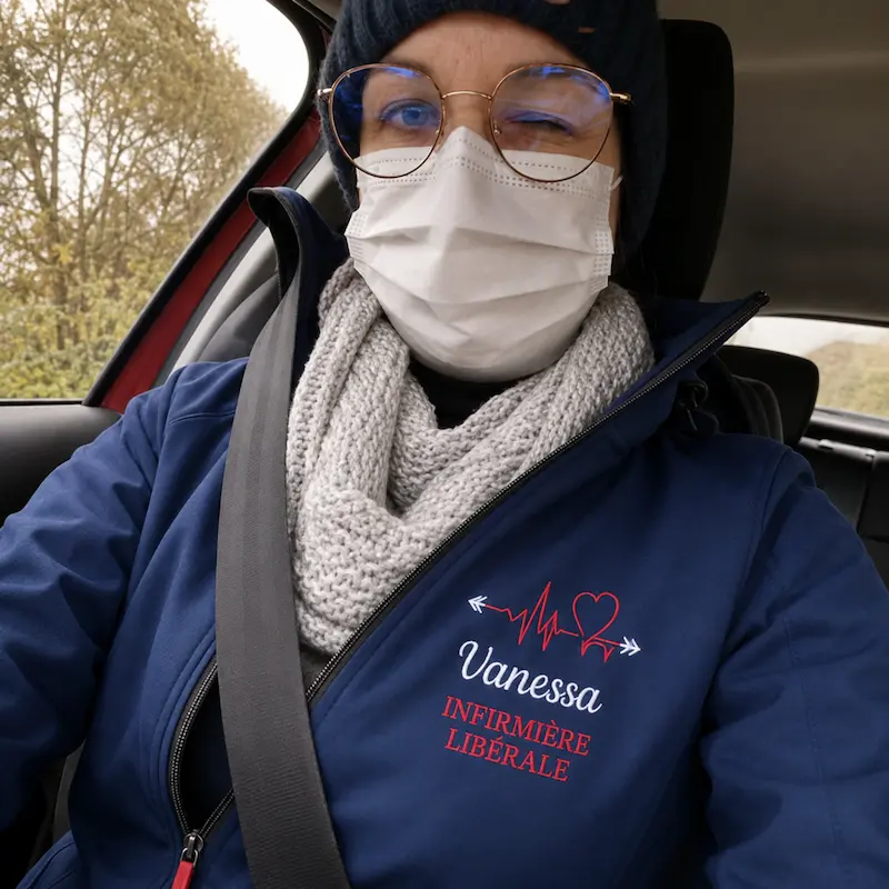 Vanessa portant sa veste infirmière personnalisée marine avec broderie rouge Curalini