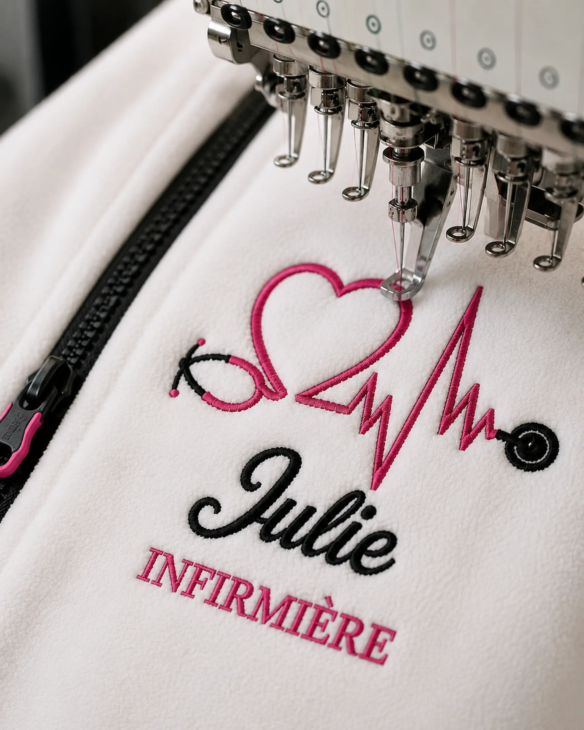 Broderie d'une veste polaire personnalisée pour infirmière dans l'atelier Curalini