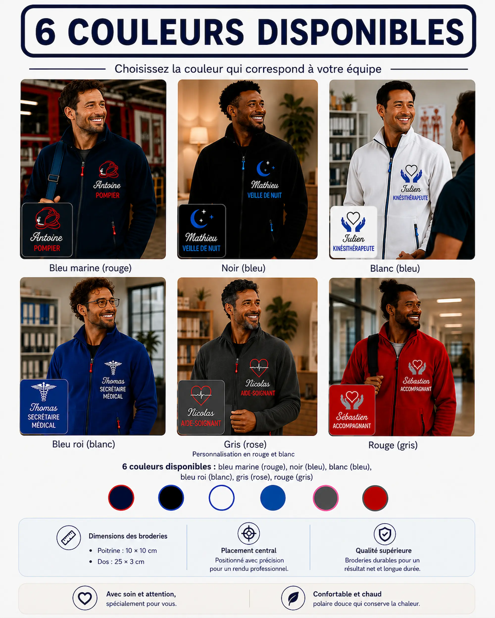 Six couleurs disponibles pour la veste polaire homme personnalisée Curalini