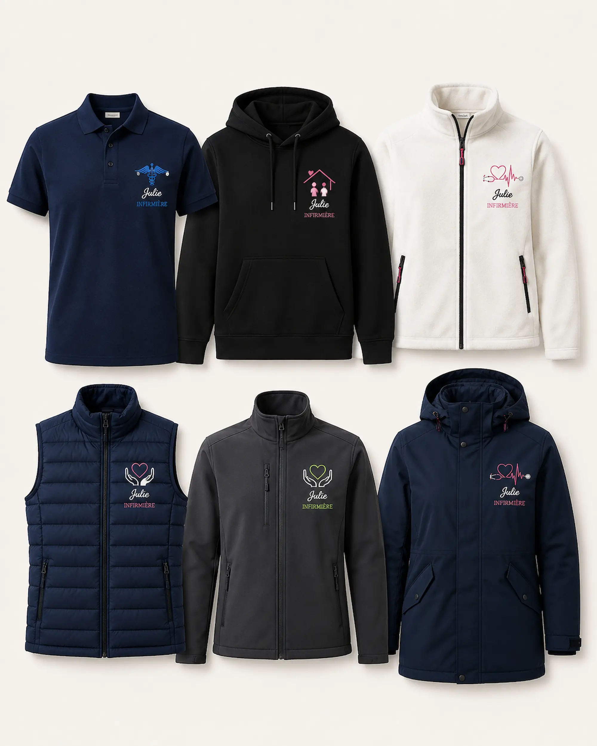 Gamme de vêtements personnalisés pour soignants : polo, hoodie, polaire, doudoune, softshell et parka