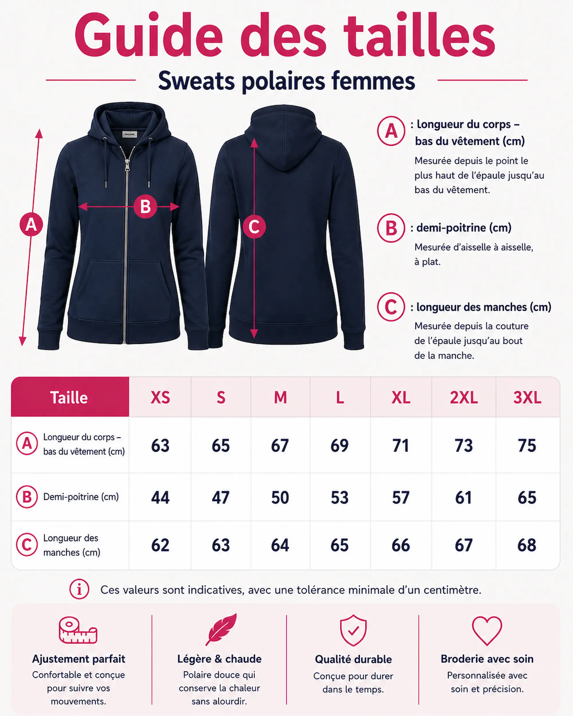 Guide des tailles du sweat femme personnalisé Curalini du XS au 3XL