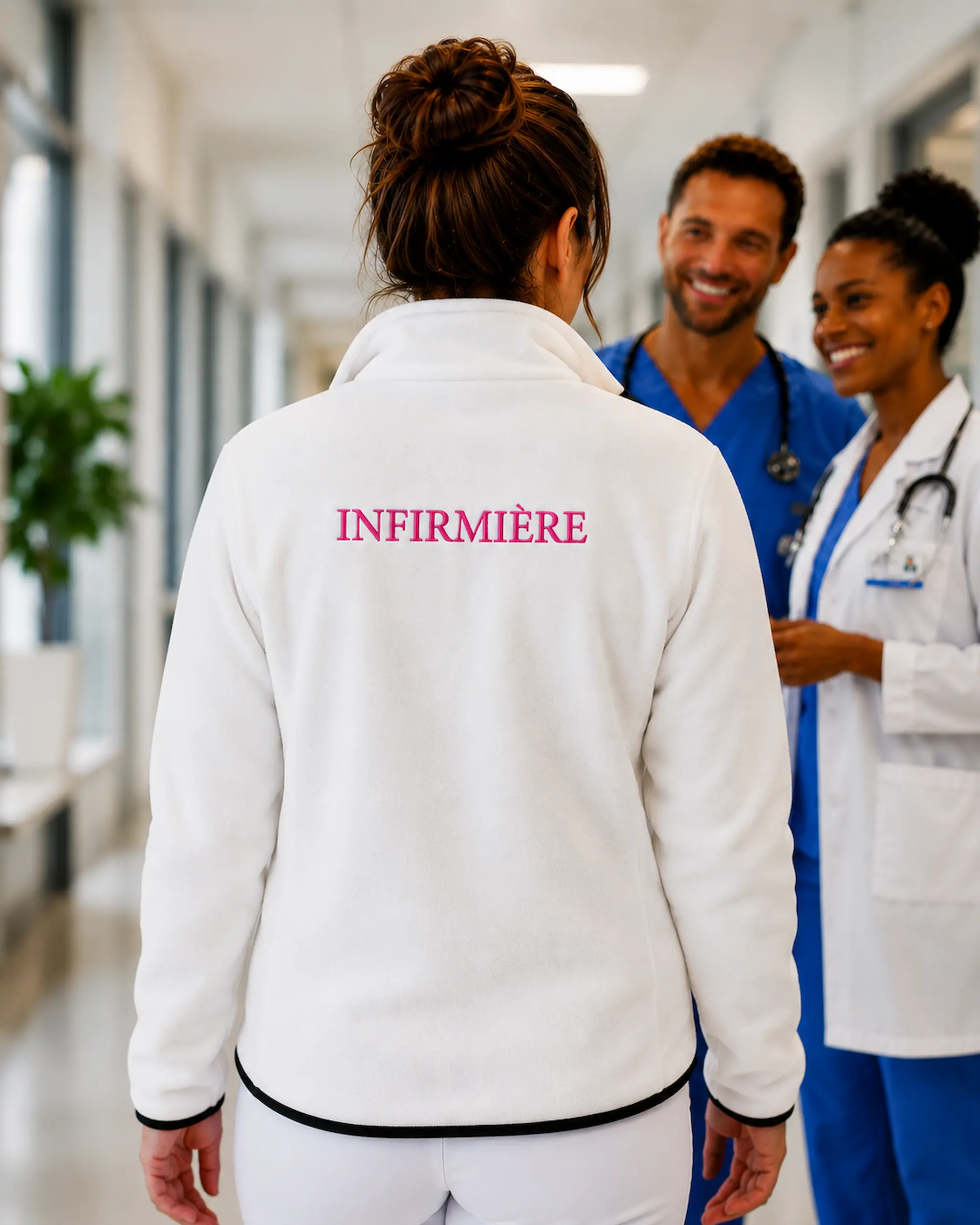 Veste polaire infirmière personnalisée blanche avec fonction brodée dans le dos