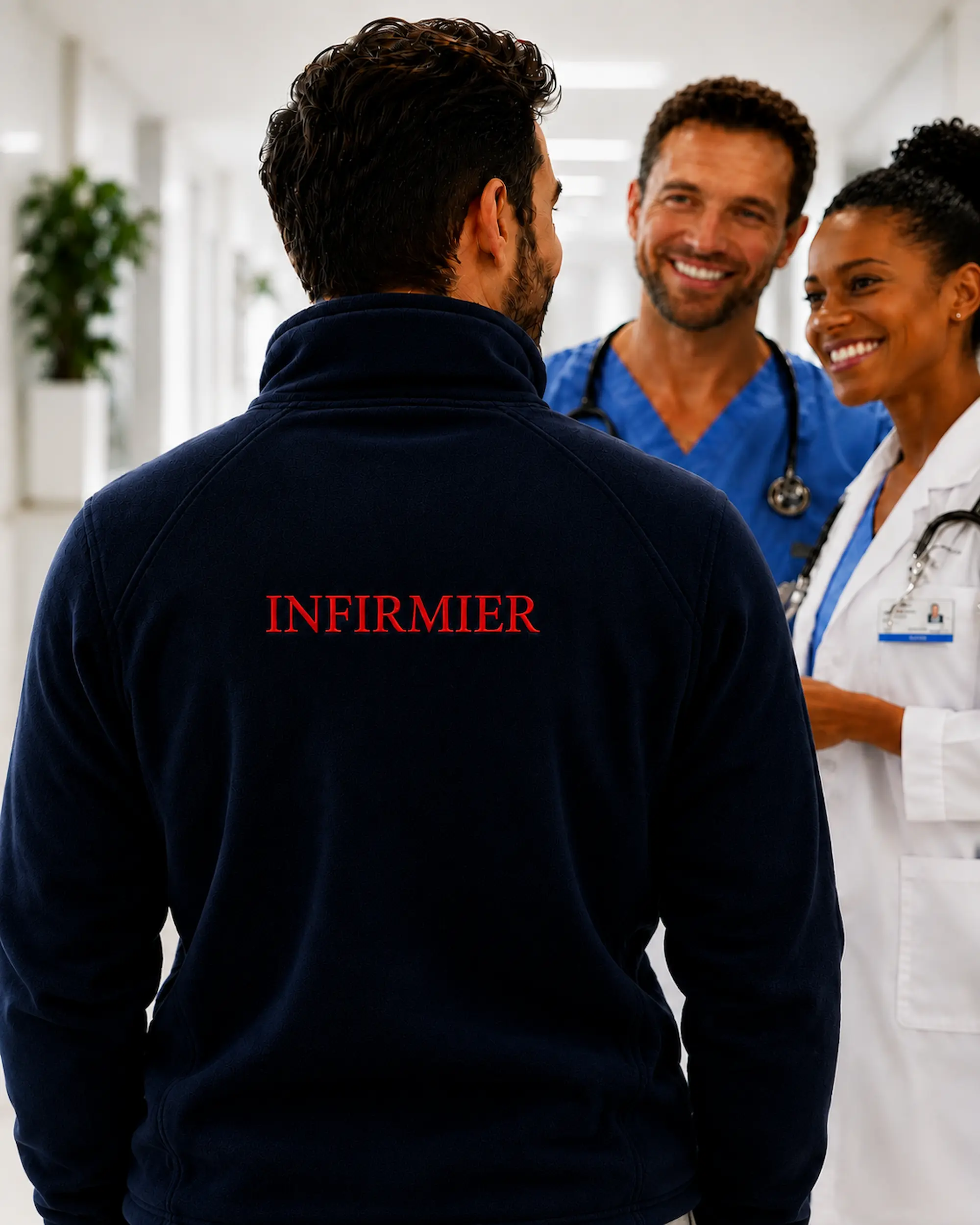 Veste polaire homme personnalisée bleu marine avec fonction Infirmier brodée dans le dos
