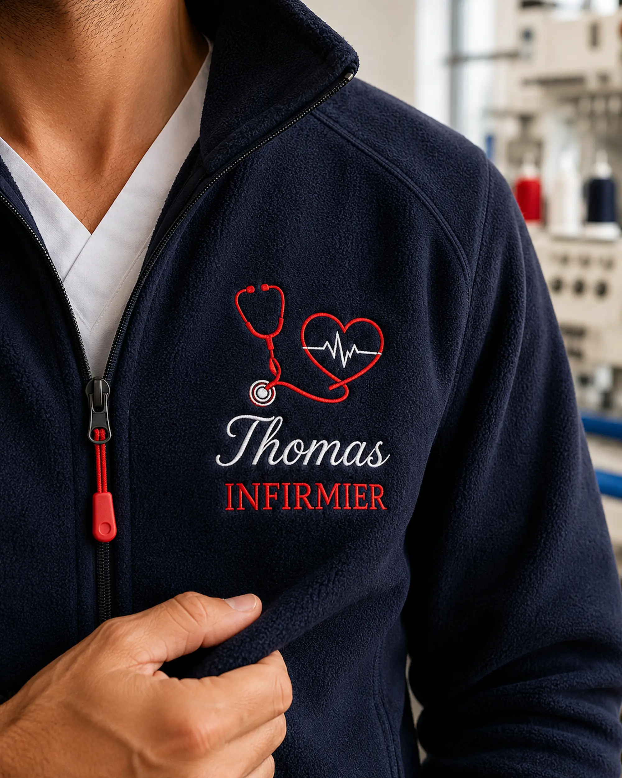 Détail de la broderie Thomas Infirmier sur une veste polaire homme personnalisée bleu marine Curalini