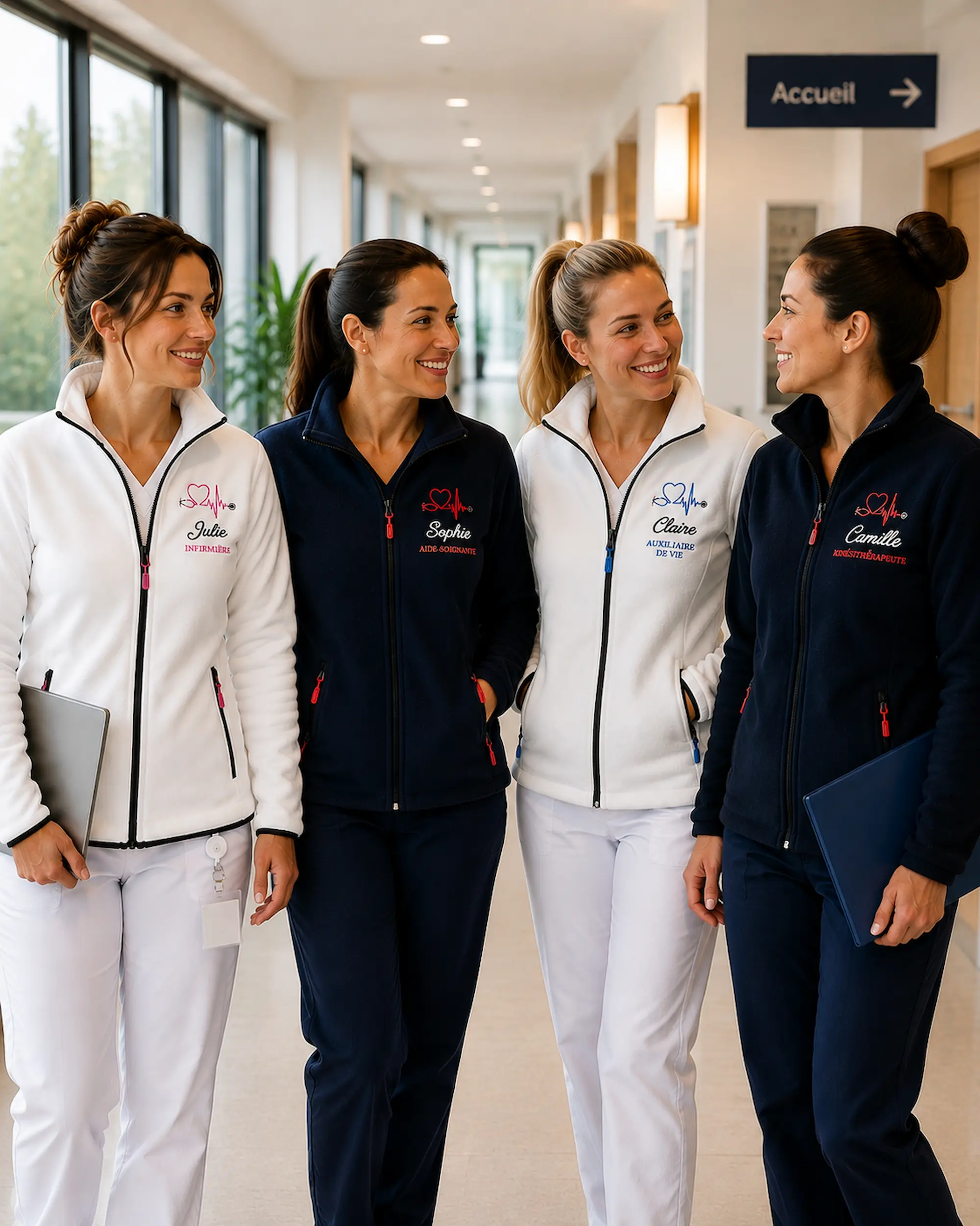 Équipe de soignantes portant des vestes polaires personnalisées Curalini