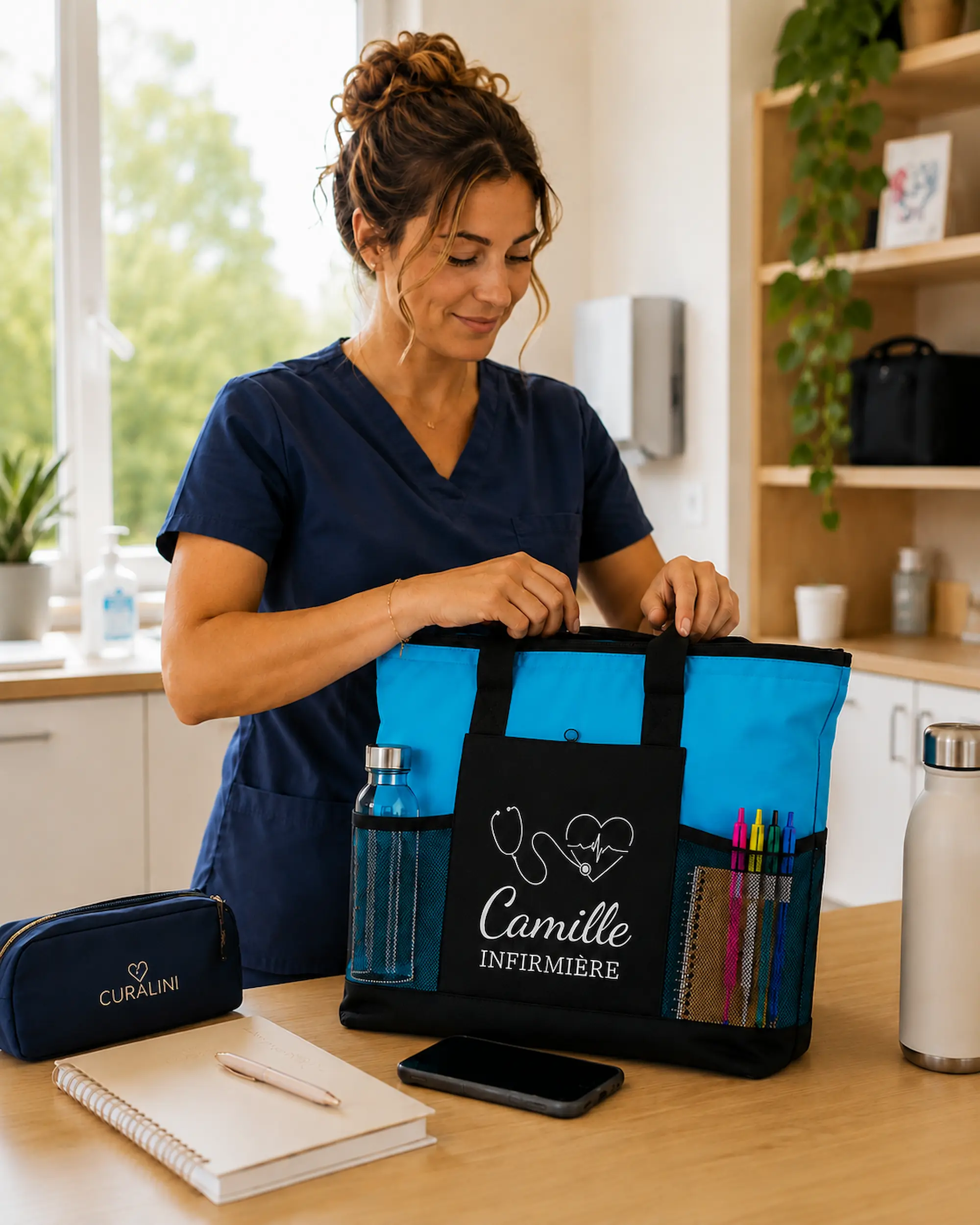 Infirmière avec sac personnalisé Curalini au prénom Camille