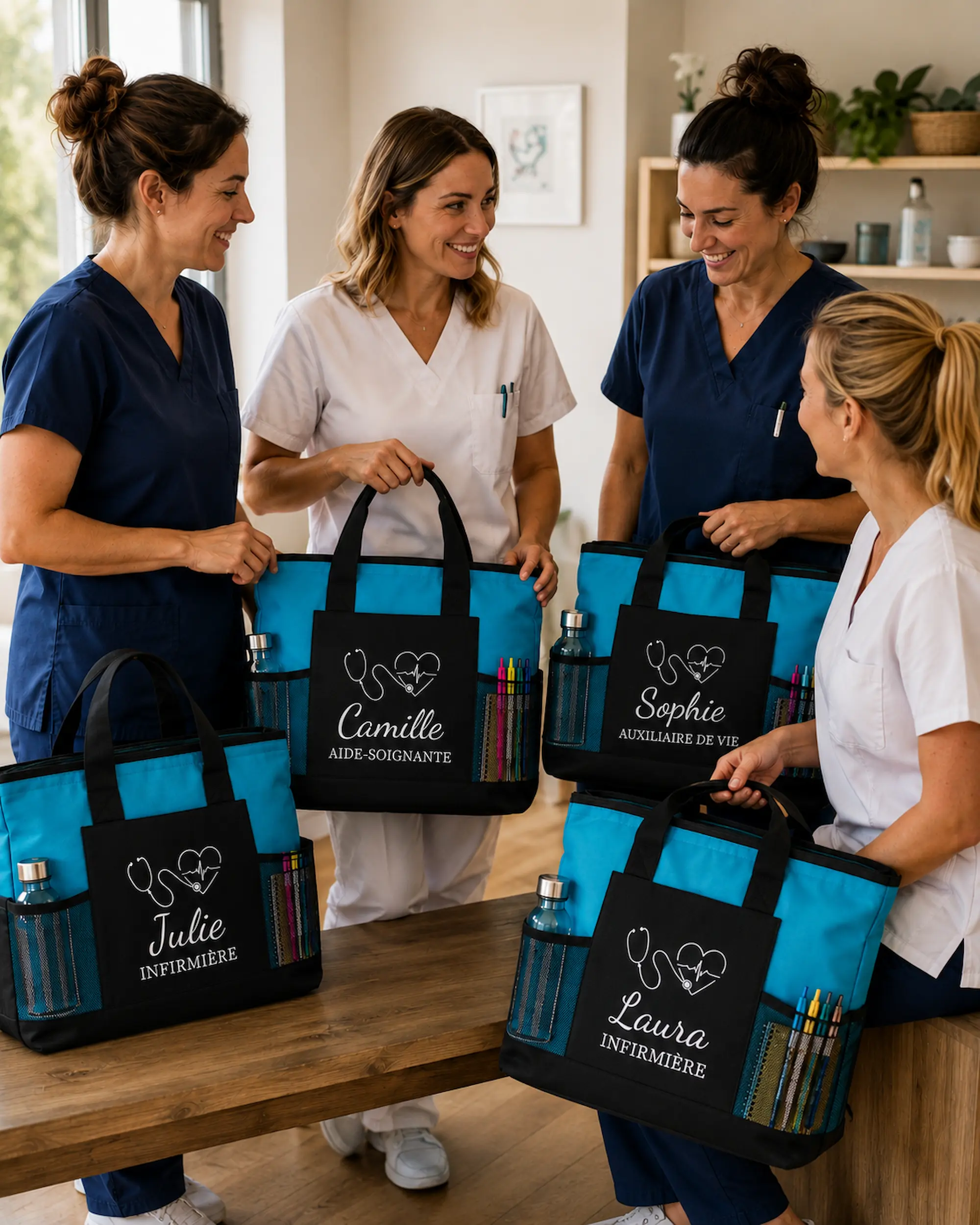 Équipe de soignantes avec sacs personnalisés Curalini