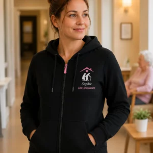 Aide-soignante portant un sweat noir personnalisé Sophie auprès d'une patiente