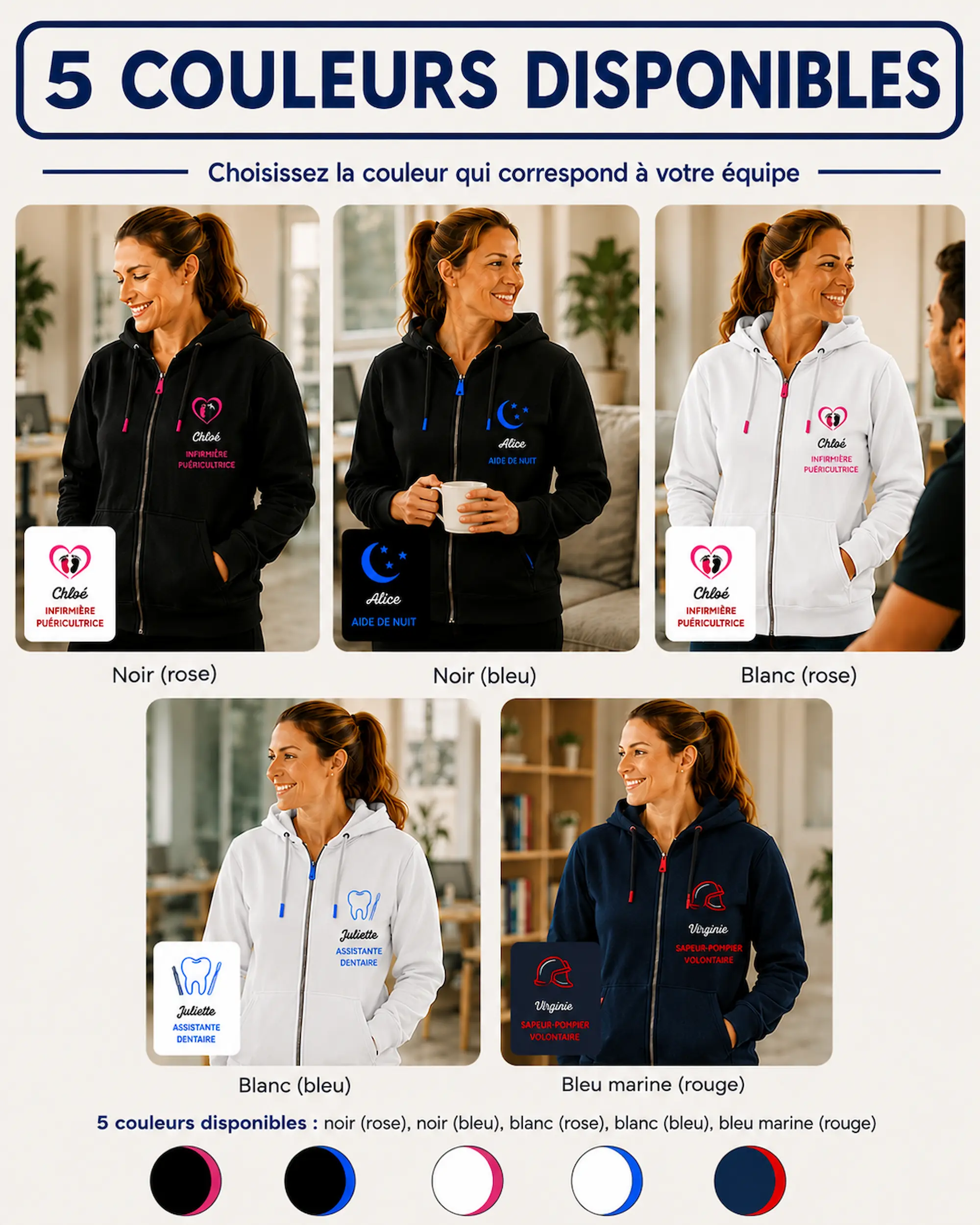 Cinq couleurs disponibles pour le sweat femme personnalisé brodé Curalini