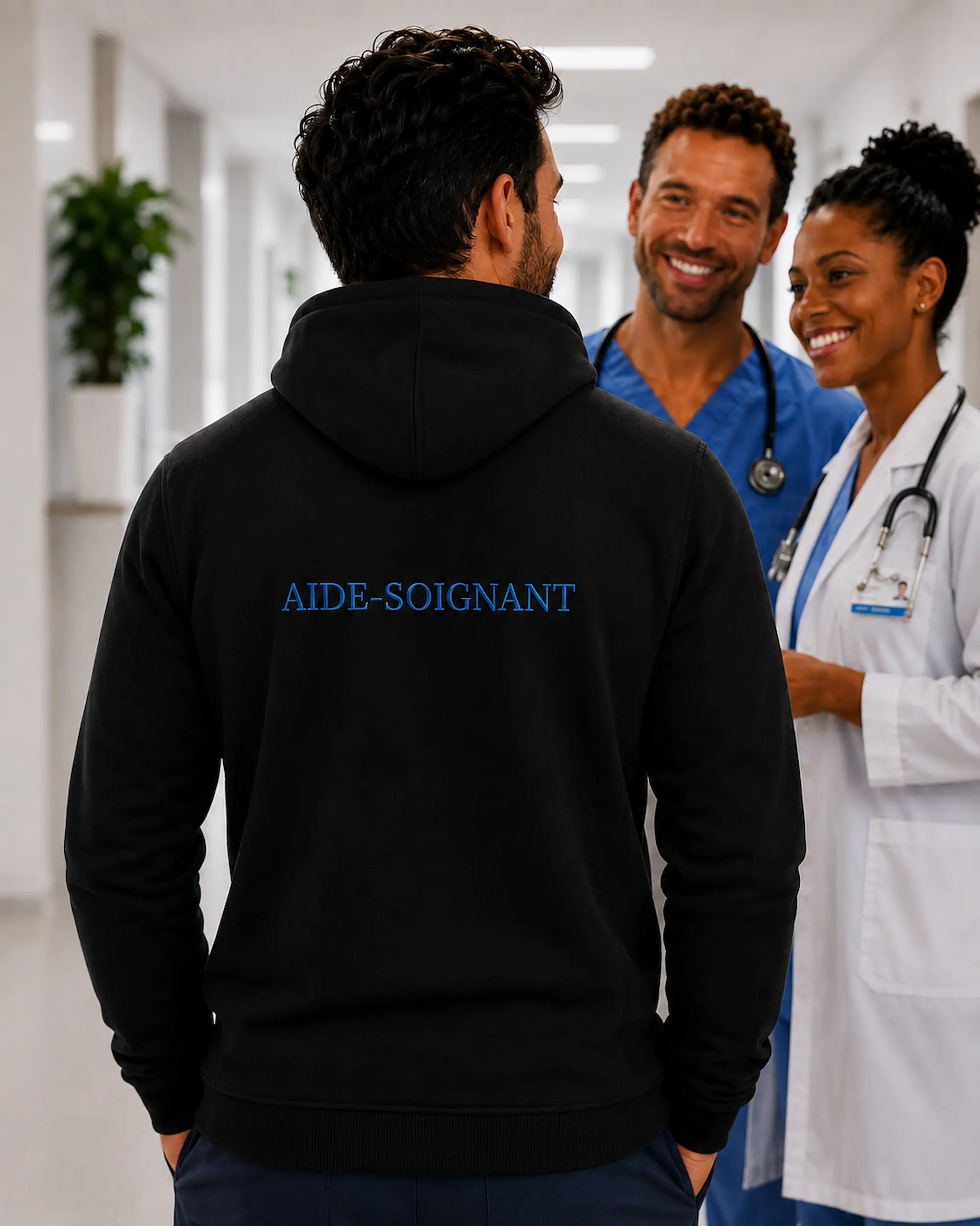 Sweat personnalisé pour aide-soignant avec broderie AIDE-SOIGNANT dans le dos