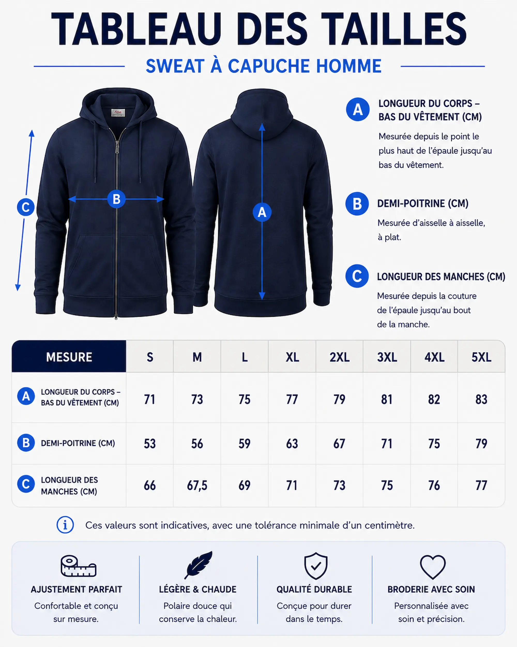 Guide des tailles du sweat à capuche personnalisé homme du S au 5XL