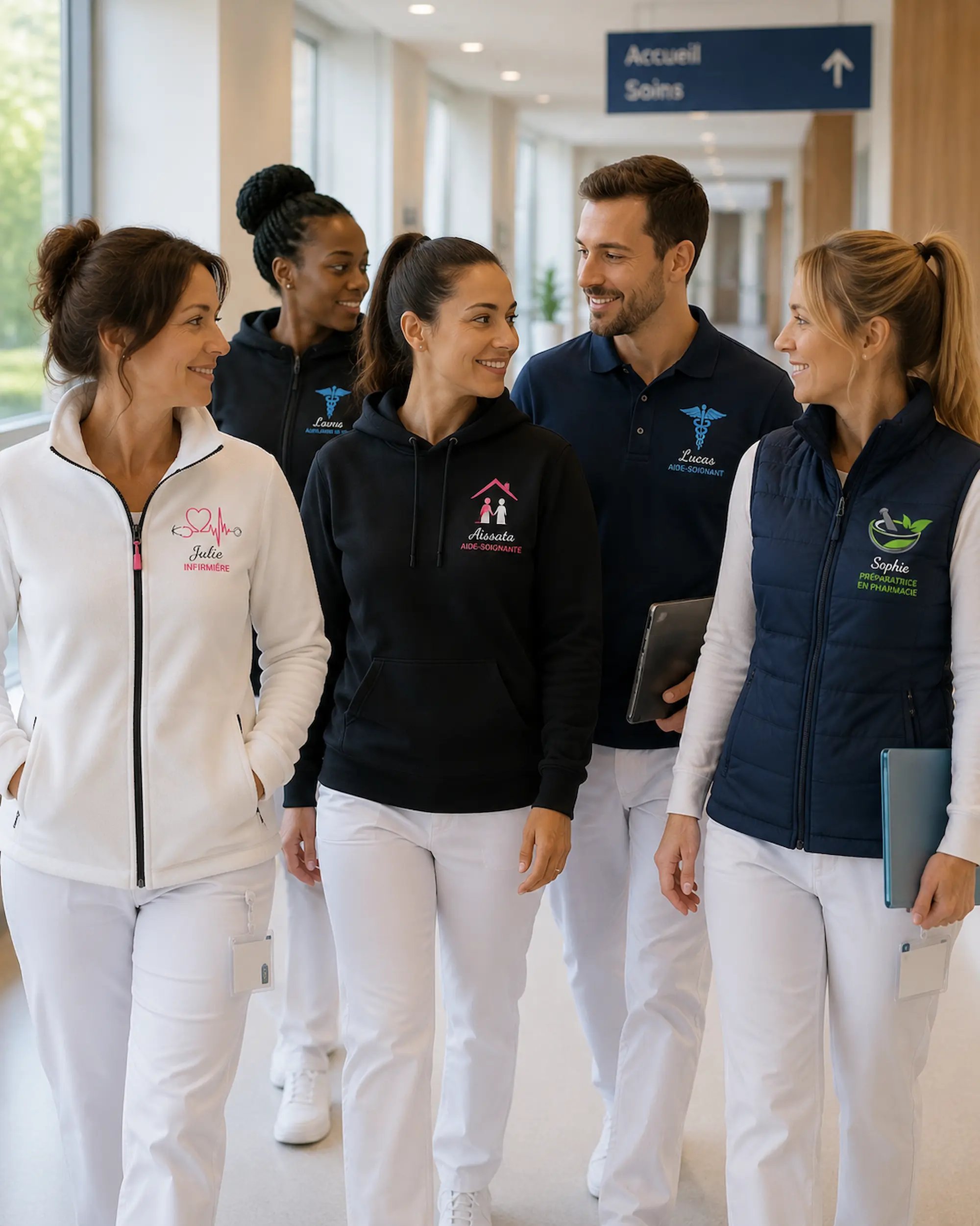 Équipe soignante en vêtements personnalisés avec prénom, fonction et motif