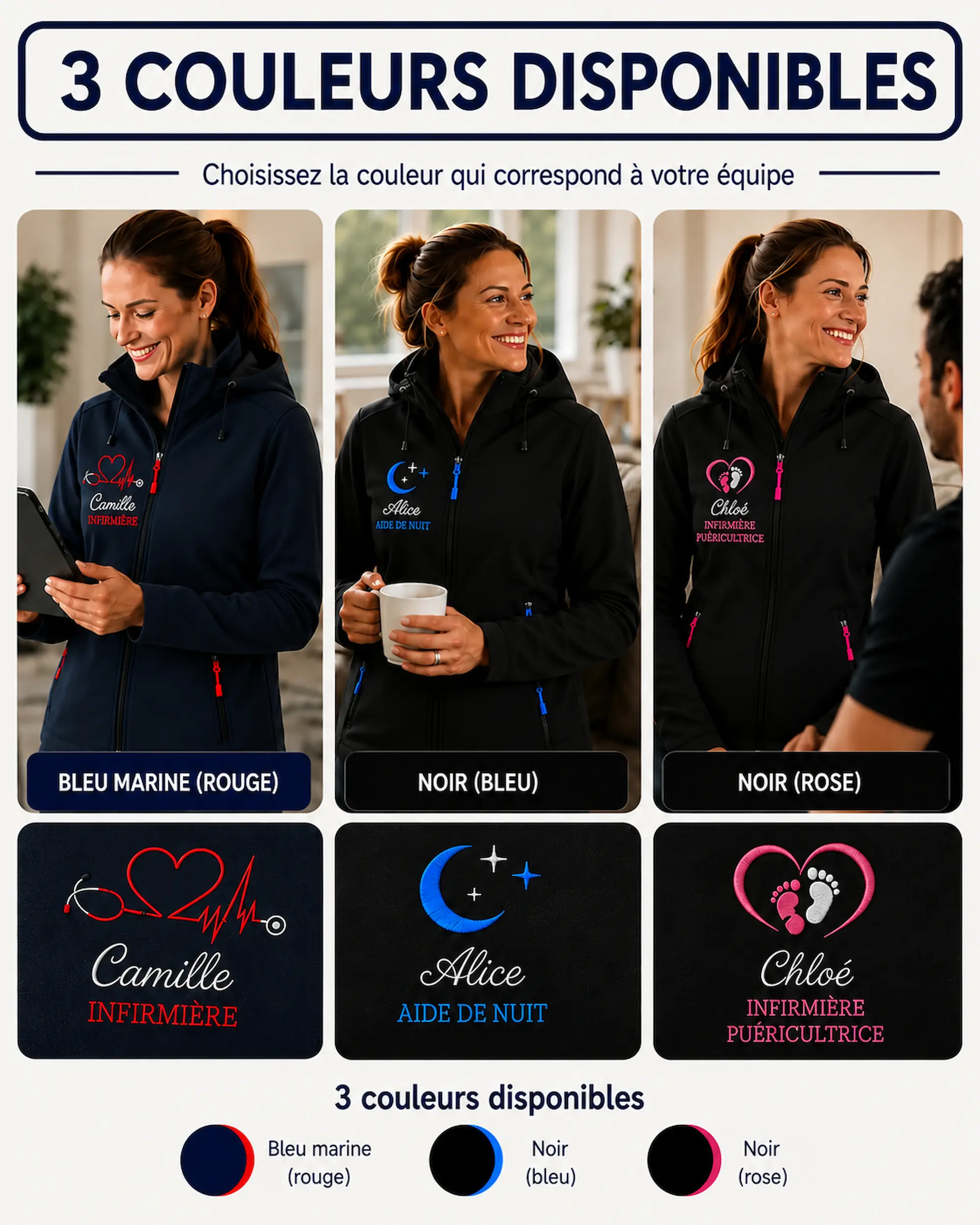 Veste infirmière personnalisée – 3 couleurs marine rouge, noir bleu et noir rose