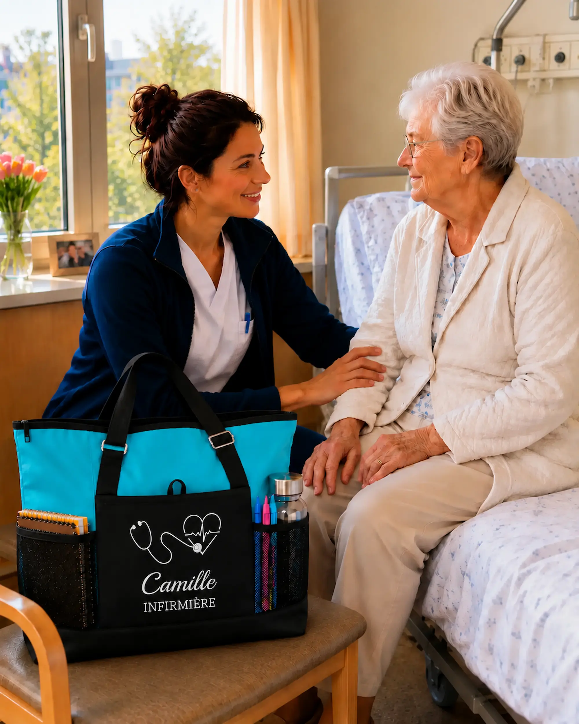 Camille infirmière auprès d'une patiente avec son sac infirmière personnalisé Curalini